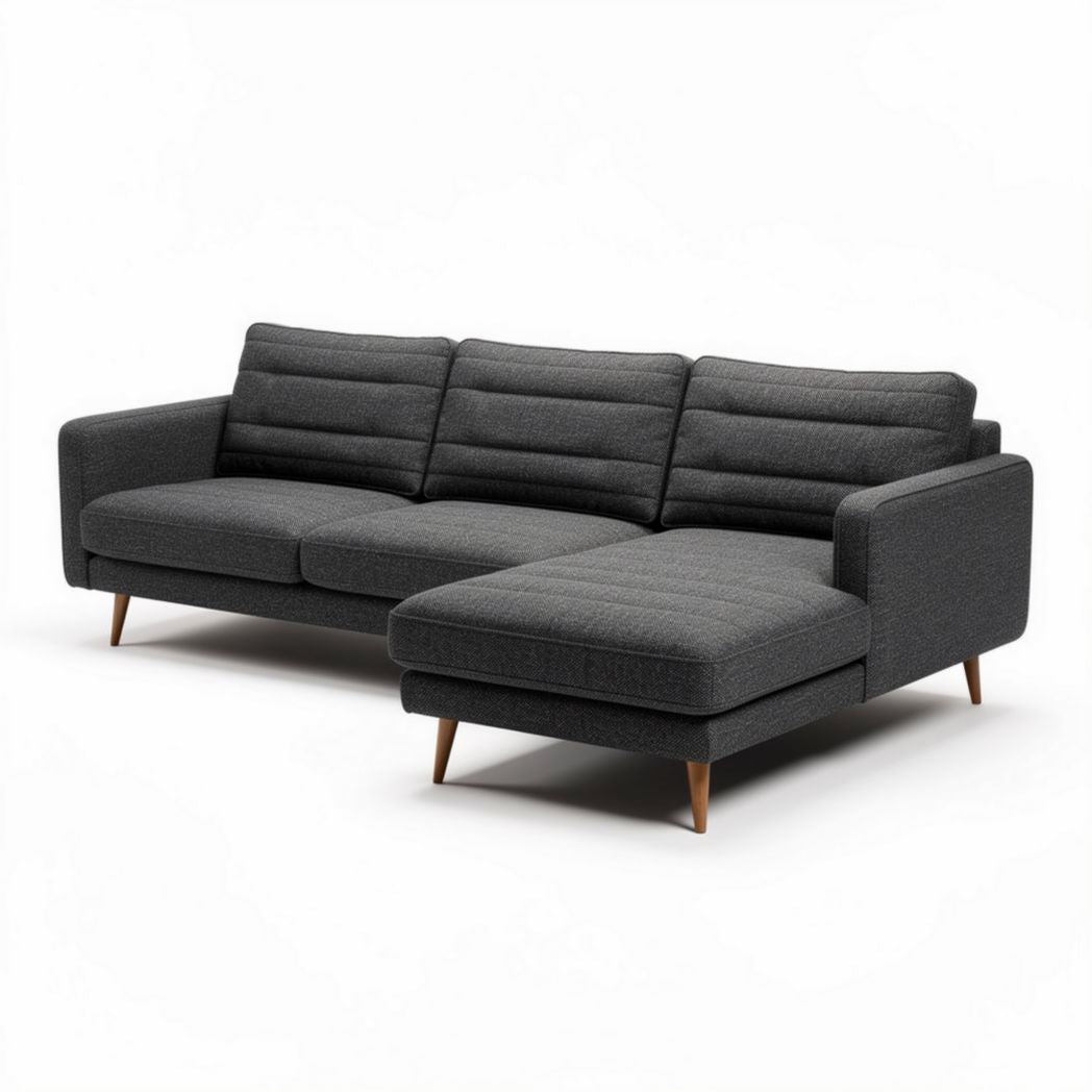 Ecksofa aus grauem stoff mit holzbeinen 230 x 90 x 85cm