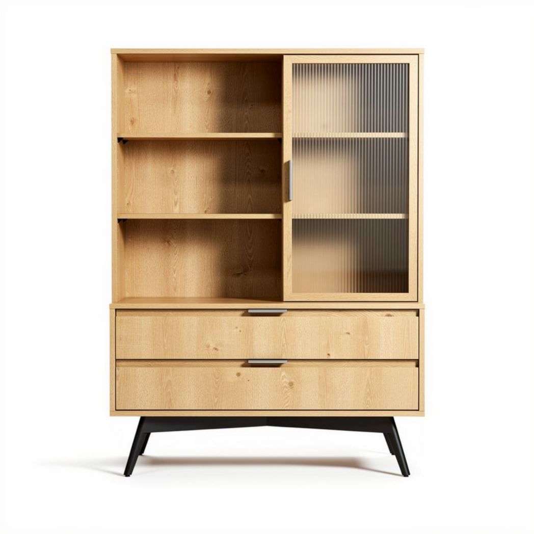 Bücherregal mit glastüren aus holz in der farbe natur 120 x 75 x 170cm