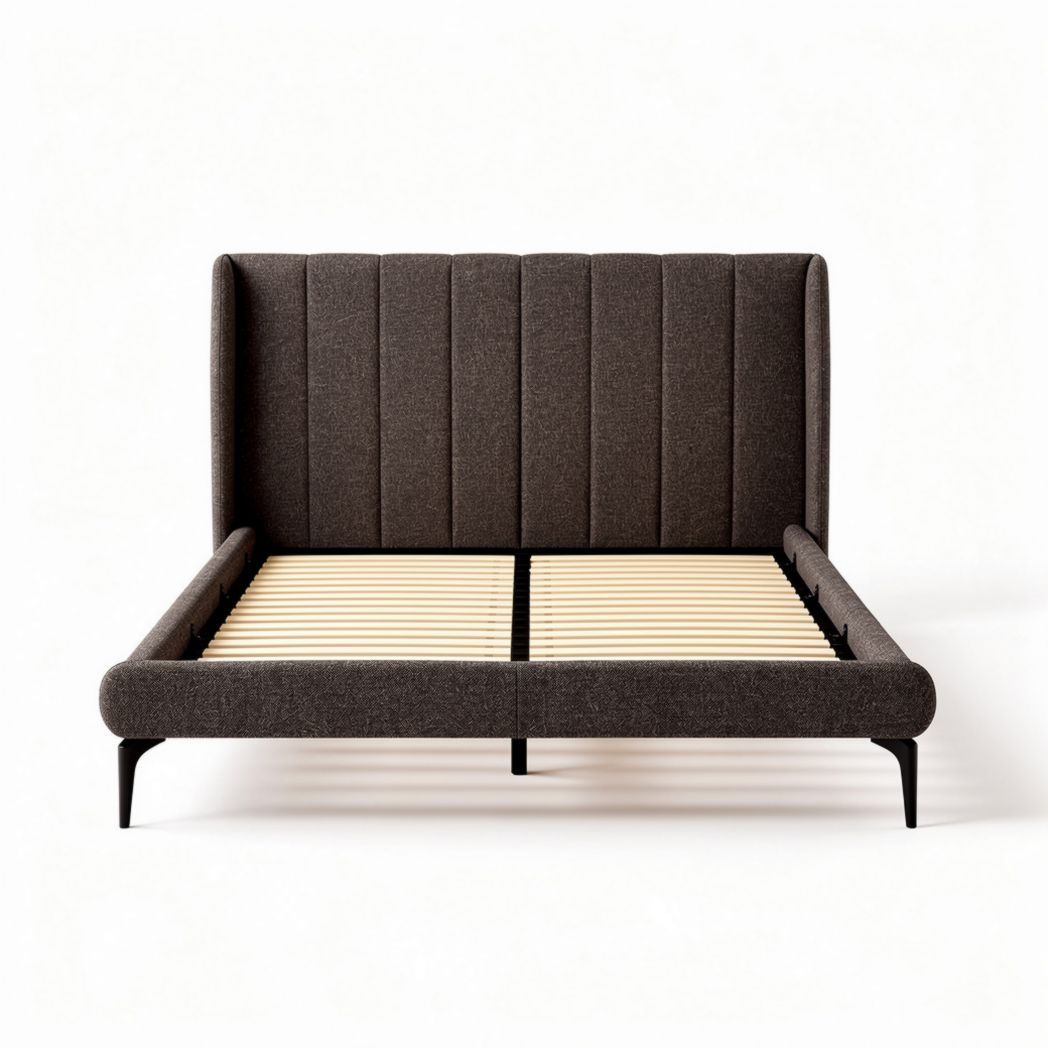 Bettgestell mit gepolsterter Rückenlehne aus Stoff in braun 200 x 160 x 100cm